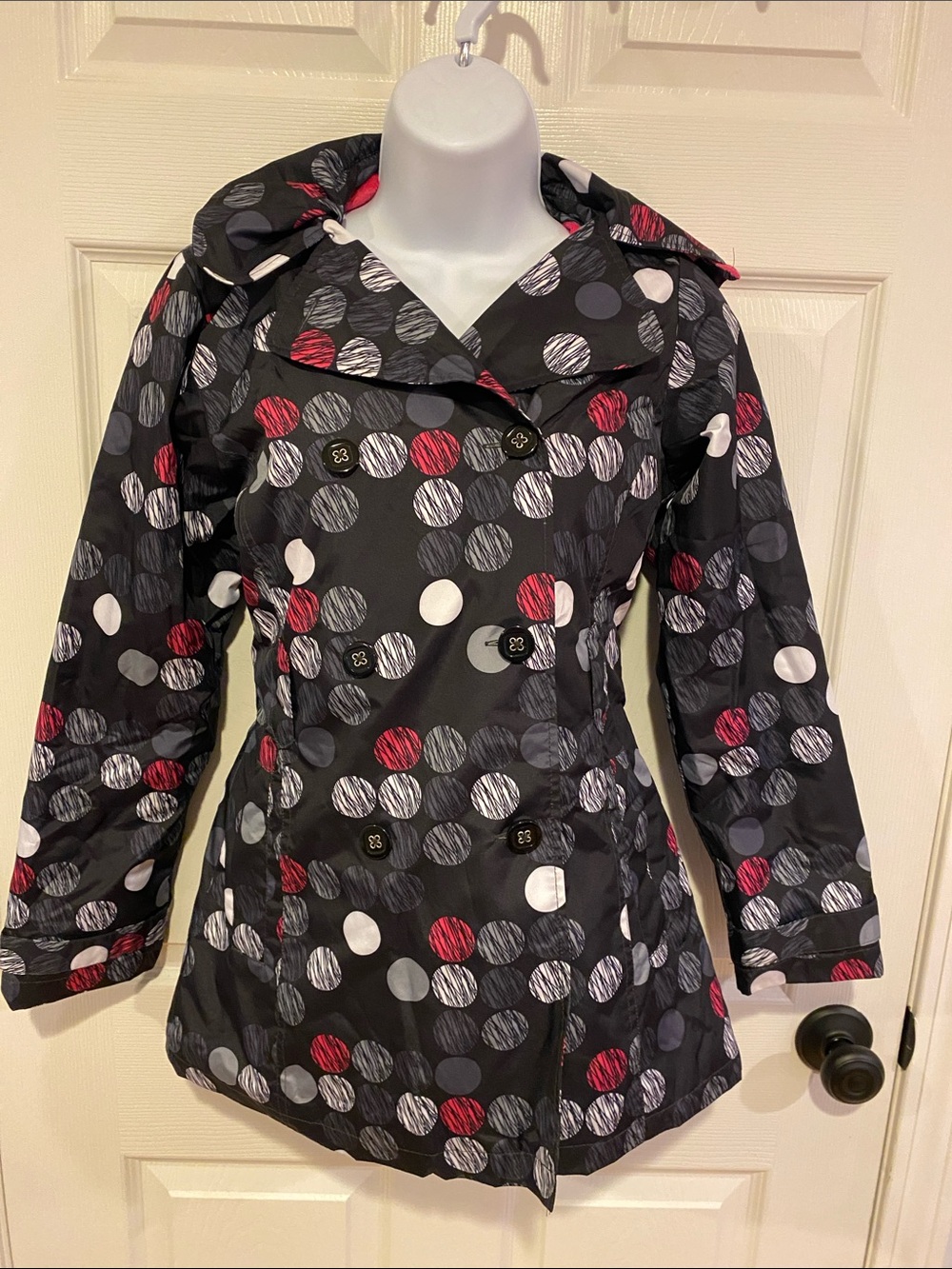 London Fog Girls' Black Hooded Raincoat with Red, White & Gray Polka Dots